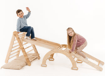 5 w 1 Zestaw Wspinaczkowy Montessori dla Dzieci : Drabinka Pikler + Bujak + Zjeżdżalnia + Siatka + Poduszka