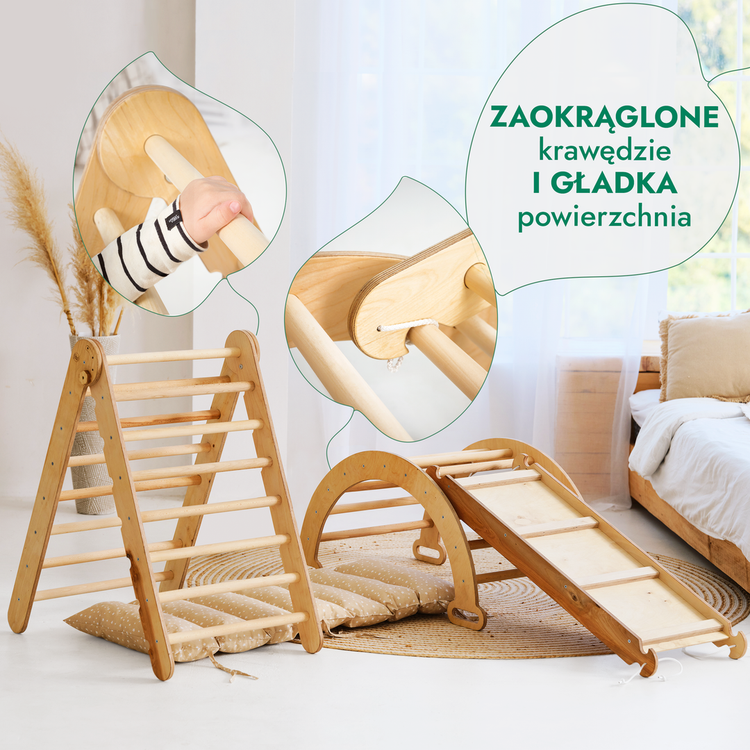 4w1 Zestaw Wspinaczkowy Montessori dla Dzieci: Drabinka Pikler + Bujak + Zjeżdżalnia + Poduszka - Beżowy