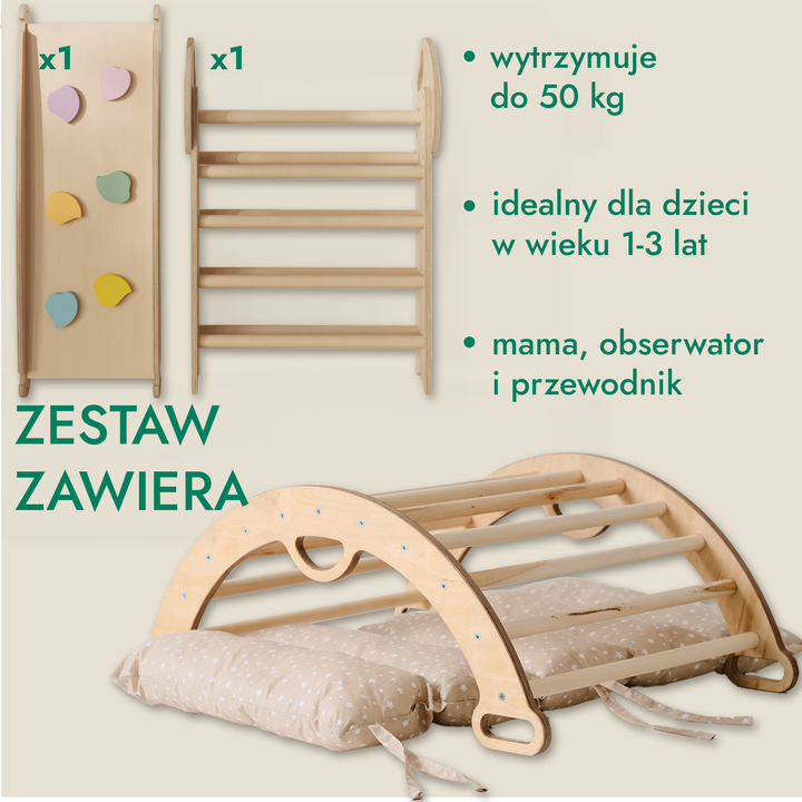 4w1 Zestaw Wspinaczkowy Montessori dla Dzieci: Drabinka Pikler + Bujak /łuk wspinaczkowy + zjeżdżalnia + poduszka (1-3 lata)