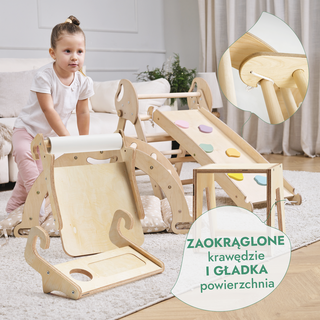 5w1 Zestaw Wspinaczkowy Montessori dla Dzieci: Drabinka Pikler + Bujak /łuk wspinaczkowy + zjeżdżalnia + poduszka + Przystawka do Rysowania (1-3 lata)