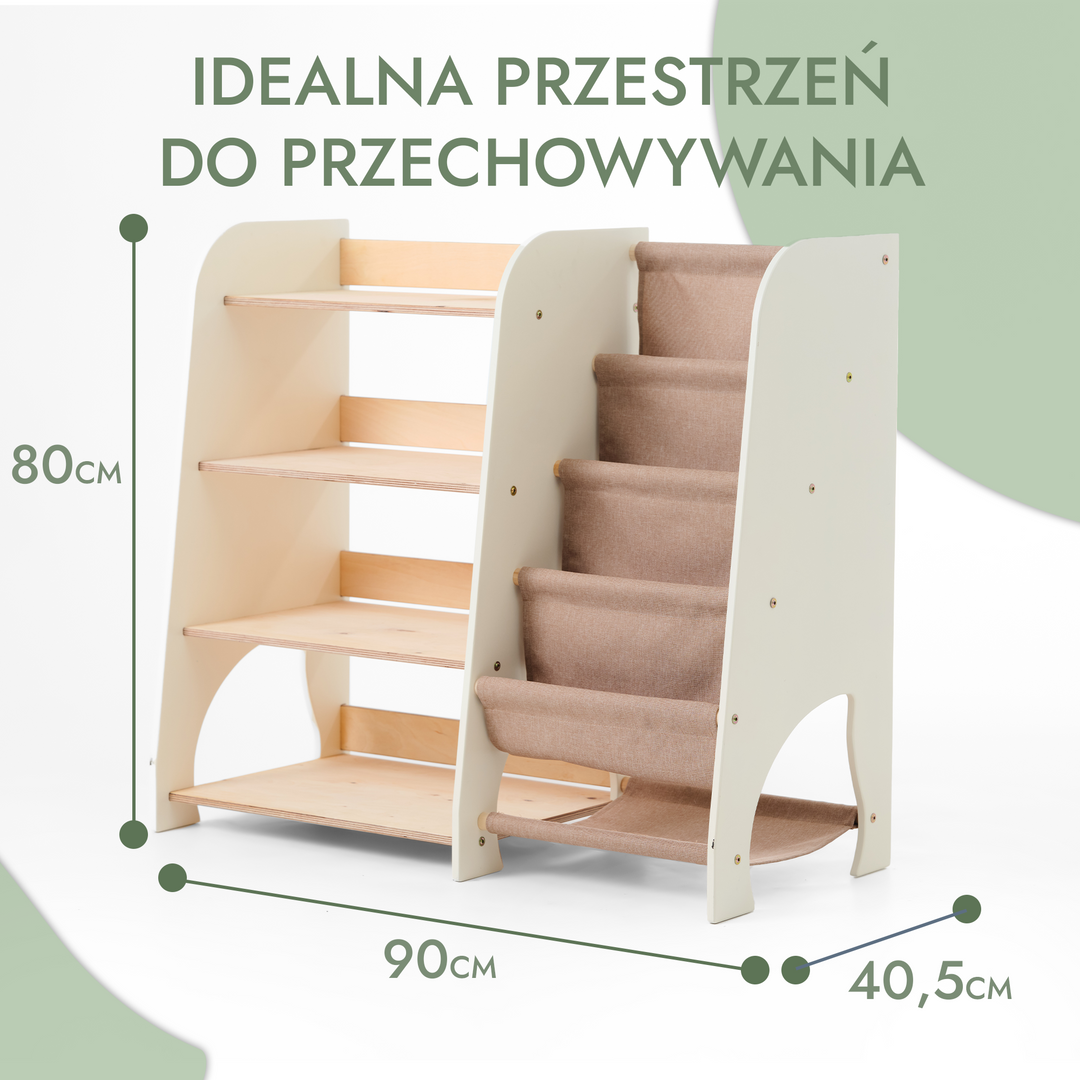 Drewniane regały Montessori 2w1: Regał na książki i zabawki