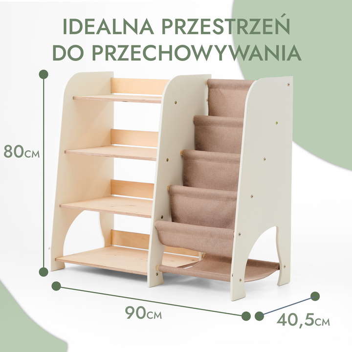 Drewniane regały Montessori 2w1: Regał na książki i zabawki
