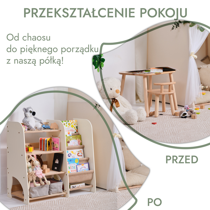 Drewniane regały Montessori 2w1: Regał na książki i zabawki