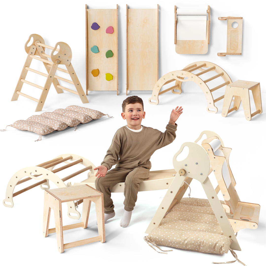 5w1 Zestaw Wspinaczkowy Montessori dla Dzieci: Drabinka Pikler + Bujak /łuk wspinaczkowy + zjeżdżalnia + poduszka + Przystawka do Rysowania (1-3 lata)