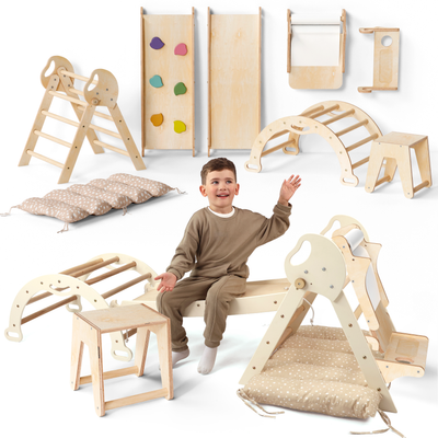 5w1 Zestaw Wspinaczkowy Montessori dla Dzieci: Drabinka Pikler + Bujak /łuk wspinaczkowy + zjeżdżalnia + poduszka + Przystawka do Rysowania (1-3 lata)