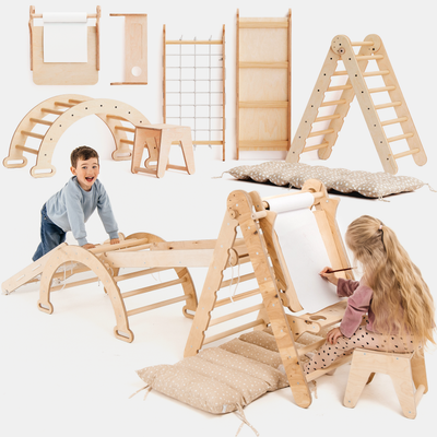 Zestaw Wspinaczkowy Montessori dla Dzieci 6w1 : Drabinka Pikler + Bujak + Zjeżdżalnia + Siatka + Poduszka + Przystawka do Rysowania