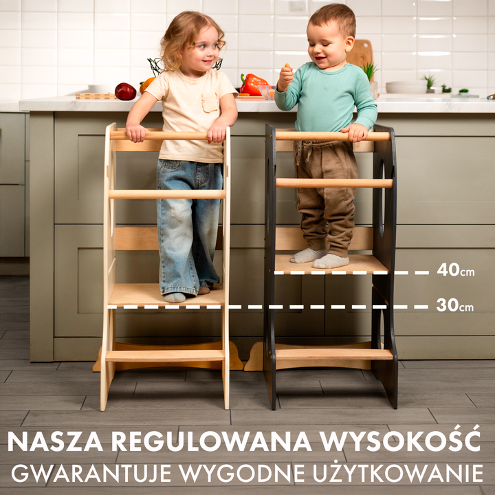 Podest kuchenny Montessori: niezbędna pomoc w kuchni. Kolor: szary