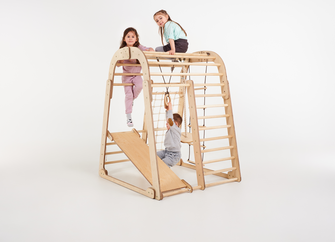 Drewniany domowy Plac Zabaw 7 w 1: Plac Zabaw + Zestaw huśtawek + Zjeżdżalnia + Przystawka do Rysowania