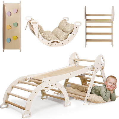 4w1 Montessori Zestaw Wspinaczkowy dla Dzieci: Trójkąt Pikler + Łuk Wspinaczkowy + Zjeżdżalnia + Poduszka – Kość słoniowa (1–3 lata)