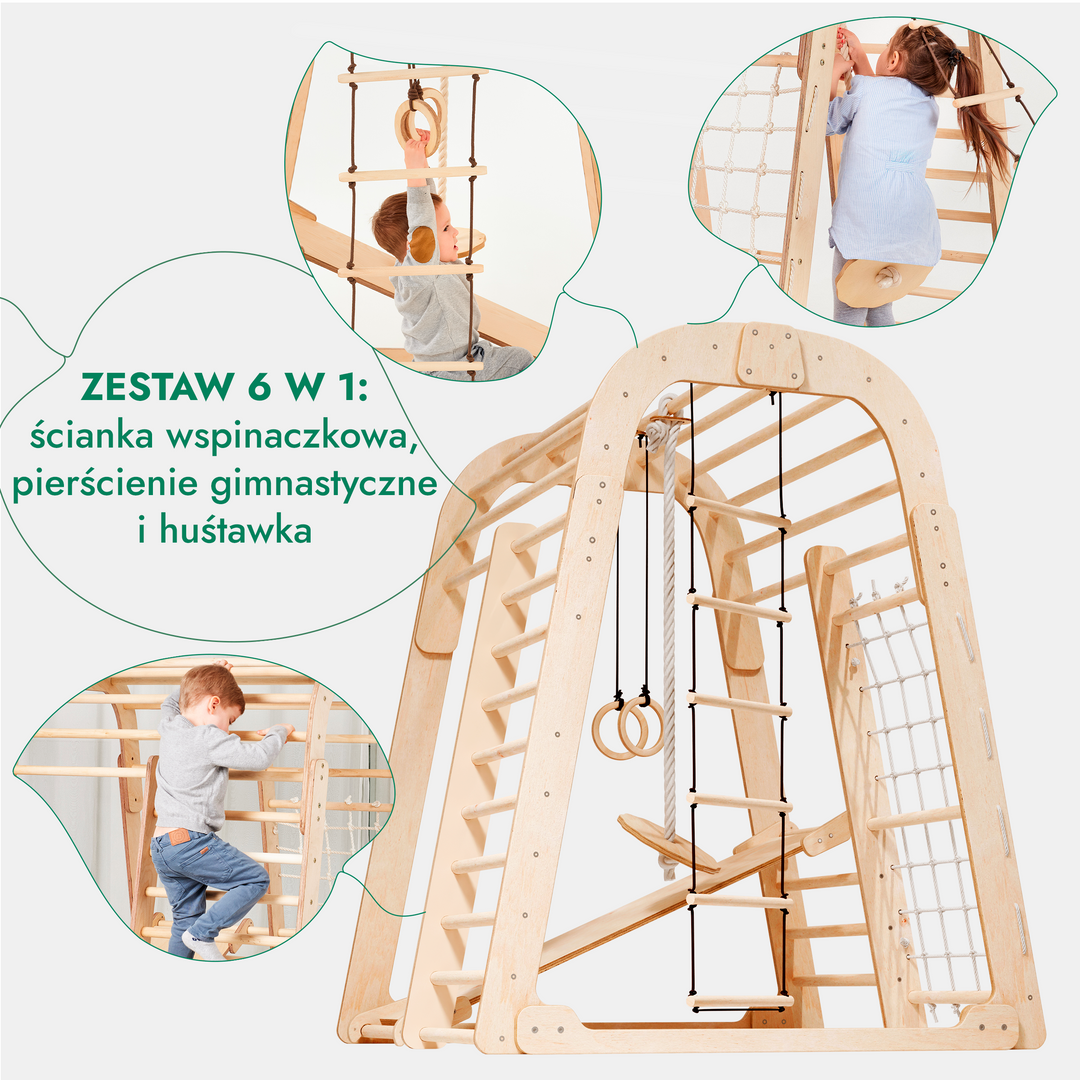 Drewniany domowy Plac Zabaw 6 w 1: - Plac zabaw + Zestaw huśtawek + Zjeżdżalnia