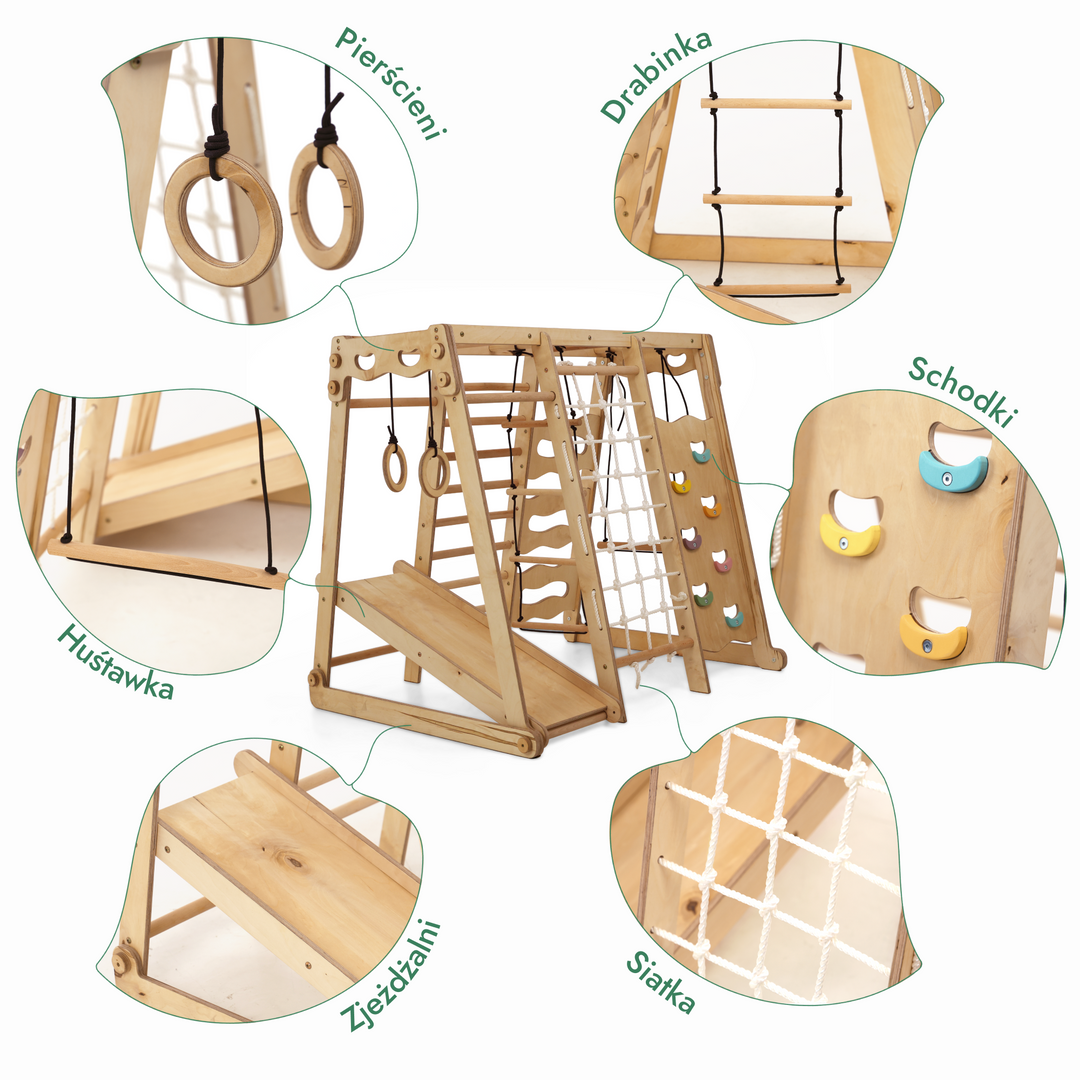 Drewniany plac zabaw dla dzieci 6w1: plac zabaw + zestaw huśtawek + zjeżdżalnia + lina + schody