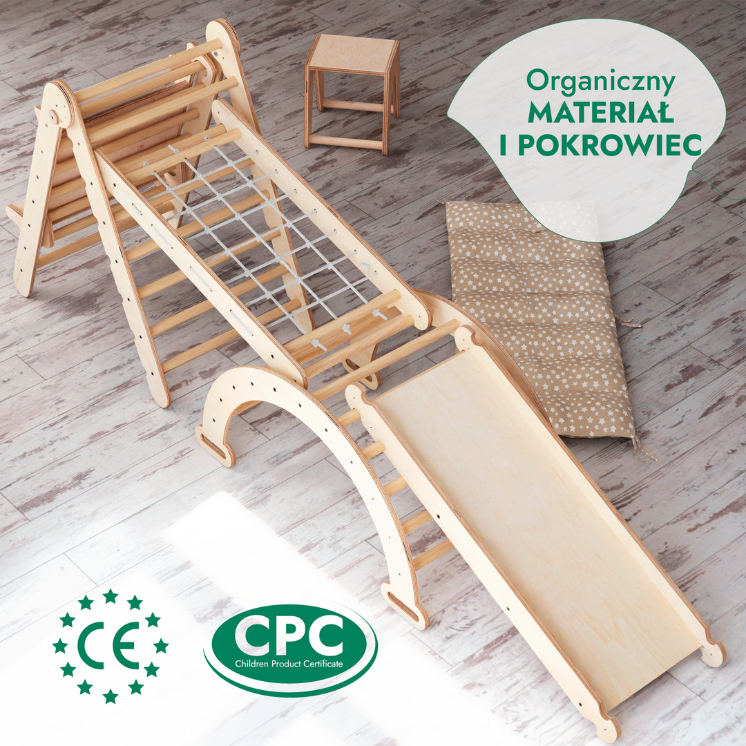 Zestaw Wspinaczkowy Montessori dla Dzieci 6w1 : Drabinka Pikler + Bujak + Zjeżdżalnia + Siatka + Poduszka + Przystawka do Rysowania