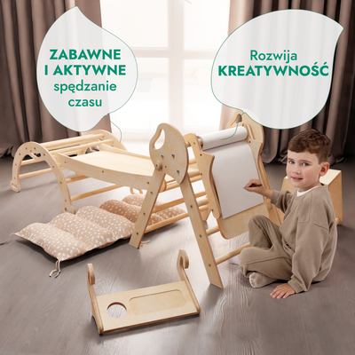 5w1 Zestaw Wspinaczkowy Montessori dla Dzieci: Drabinka Pikler + Bujak /łuk wspinaczkowy + zjeżdżalnia + poduszka + Przystawka do Rysowania (1-3 lata)