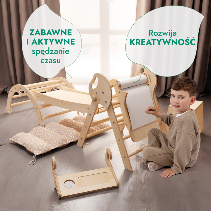 5w1 Zestaw Wspinaczkowy Montessori dla Dzieci: Drabinka Pikler + Bujak /łuk wspinaczkowy + zjeżdżalnia + poduszka + Przystawka do Rysowania (1-3 lata)