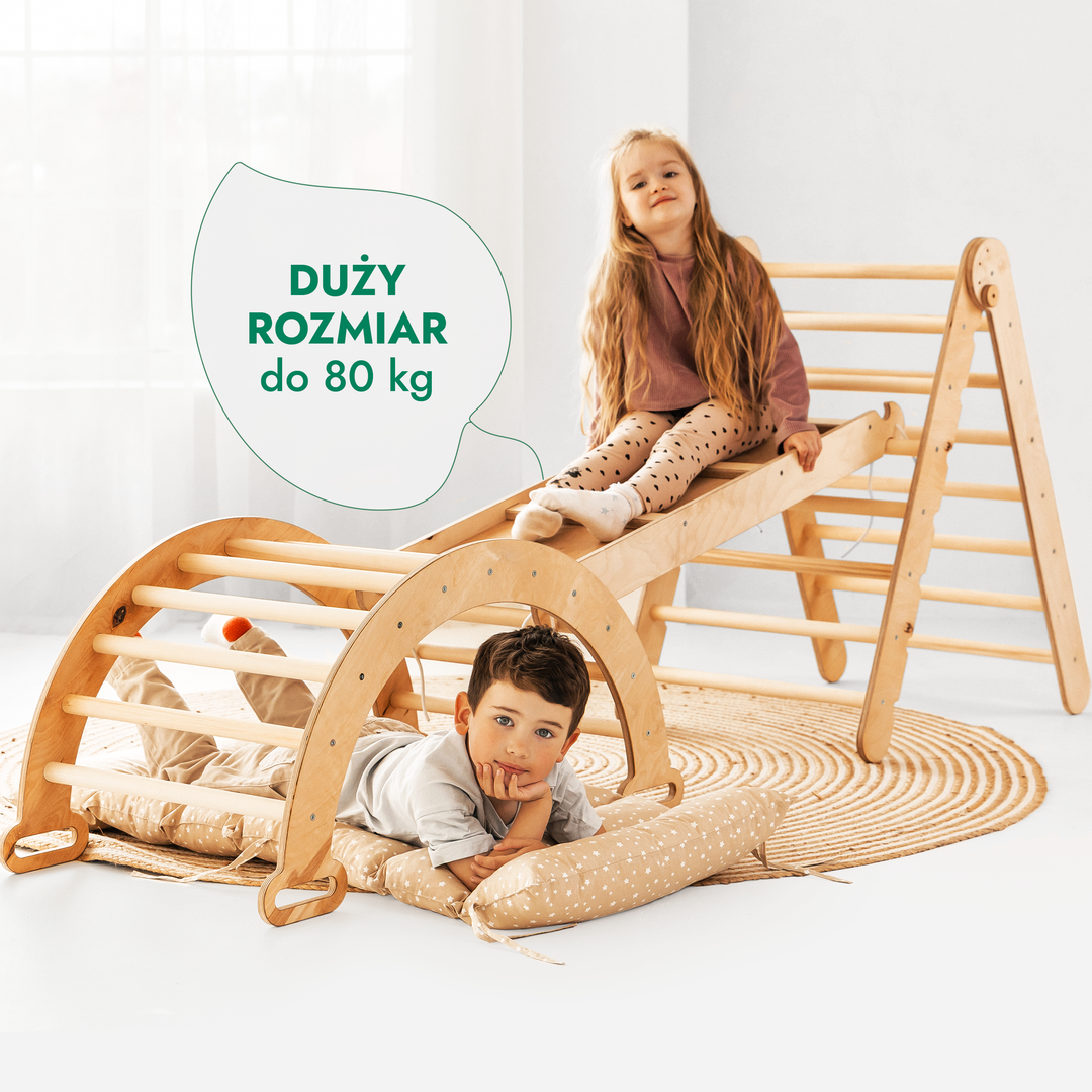 4w1 Zestaw Wspinaczkowy Montessori dla Dzieci: Drabinka Pikler + Bujak + Zjeżdżalnia + Poduszka - Beżowy
