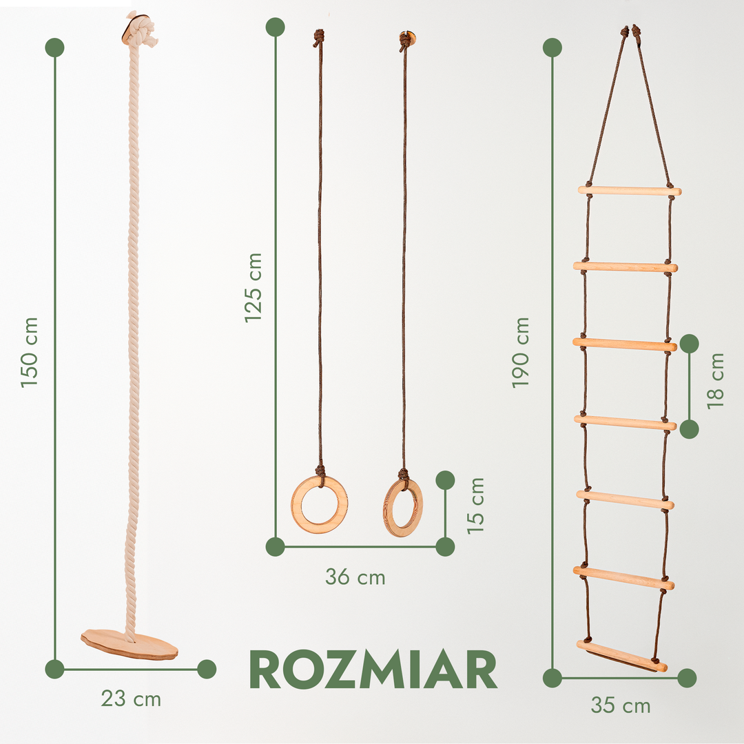 Zestaw do wspinaczki i huśtawki 3w1: drabinka linowa, kółka gimnastyczne i huśtawka talerzowa
