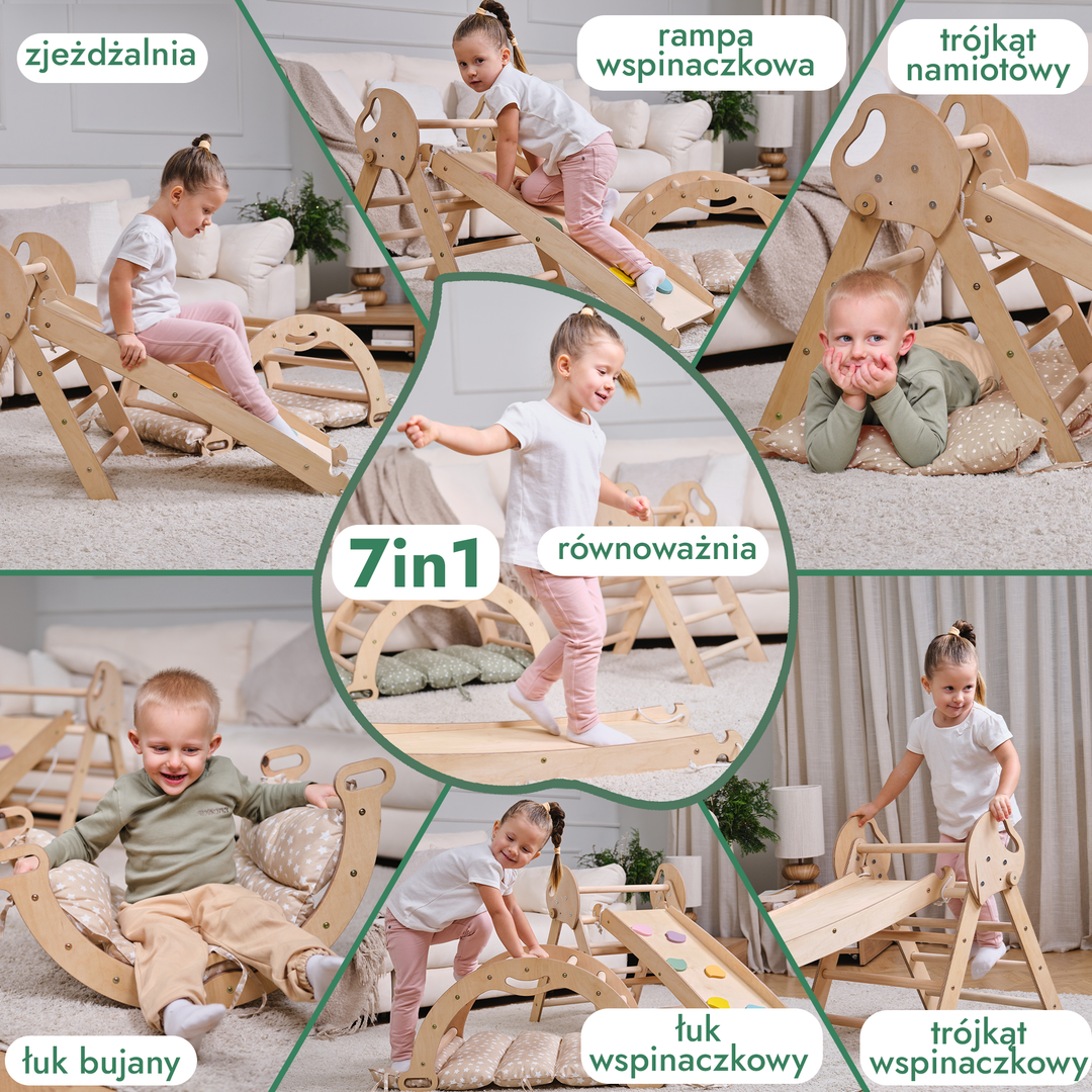 4w1 Zestaw Wspinaczkowy Montessori dla Dzieci: Drabinka Pikler + Bujak /łuk wspinaczkowy + zjeżdżalnia + poduszka (1-3 lata)
