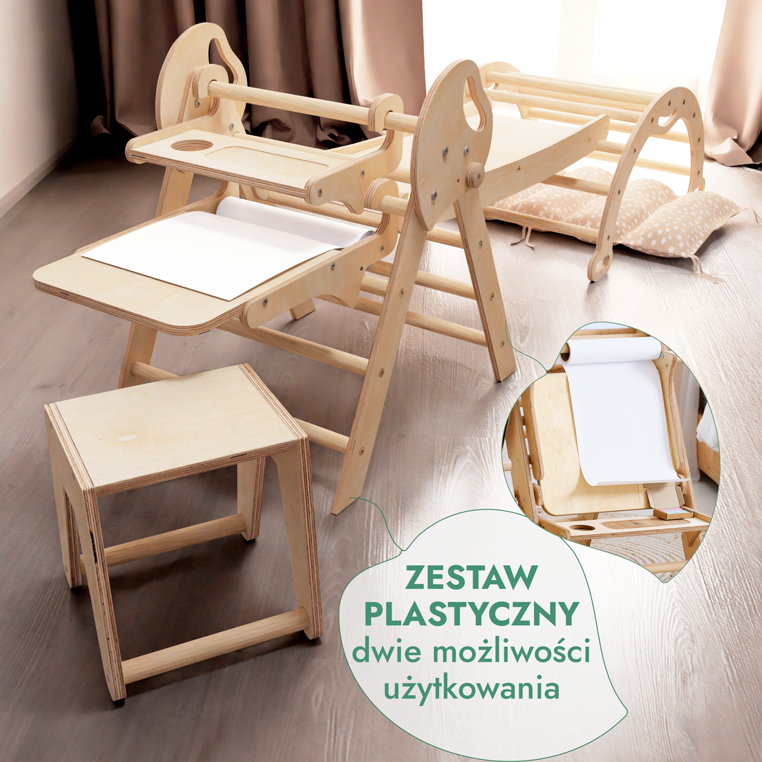 5w1 Zestaw Wspinaczkowy Montessori dla Dzieci: Drabinka Pikler + Bujak /łuk wspinaczkowy + zjeżdżalnia + poduszka + Przystawka do Rysowania (1-3 lata)