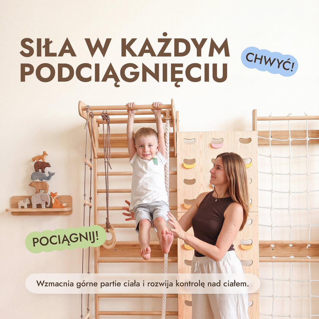 7-in-1 Ścianka wspinaczkowa dla dzieci: drabinka, chwyty, siatka, drążek i zestaw huśtawek 3w1