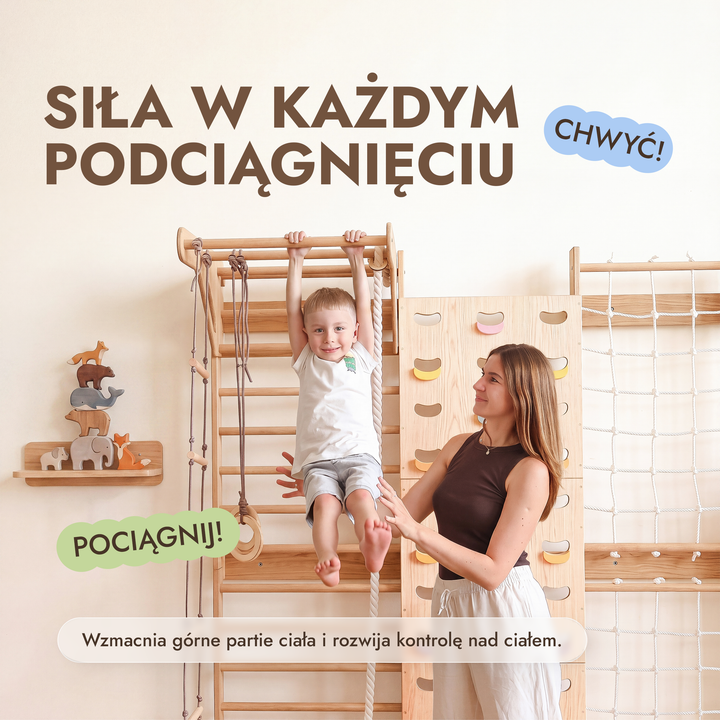 7-in-1 Ścianka wspinaczkowa dla dzieci: drabinka, chwyty, siatka, drążek i zestaw huśtawek 3w1