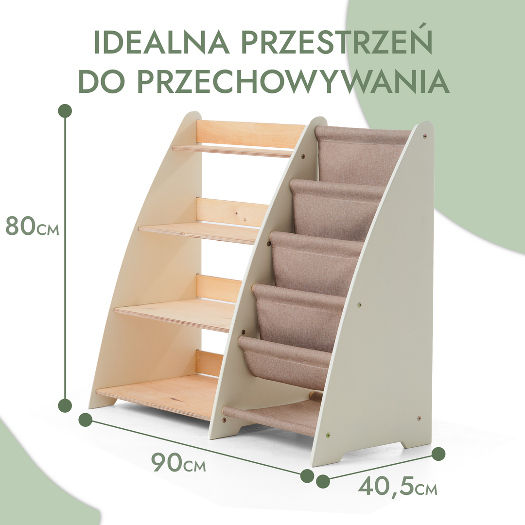 Regały Montessori na książki i zabawki dla maluchów 2w1