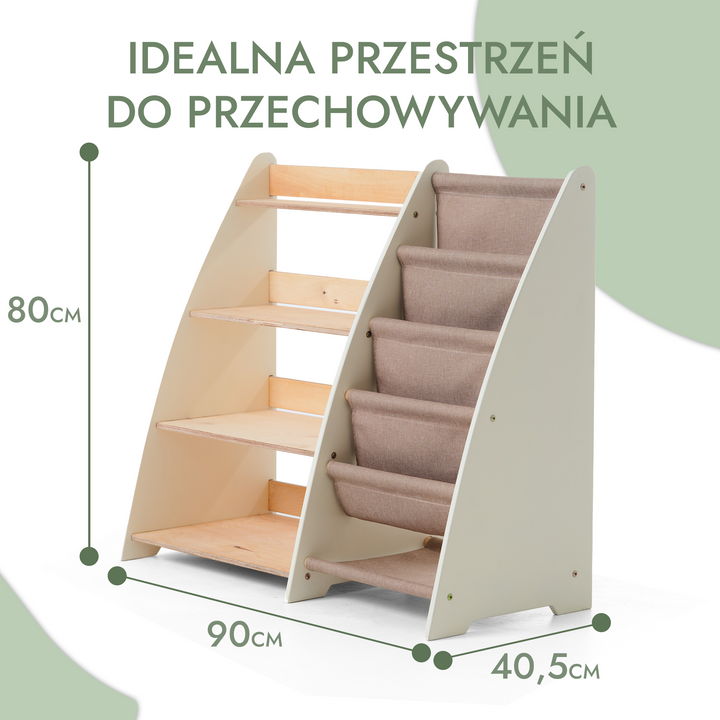 Regały Montessori na książki i zabawki dla maluchów 2w1