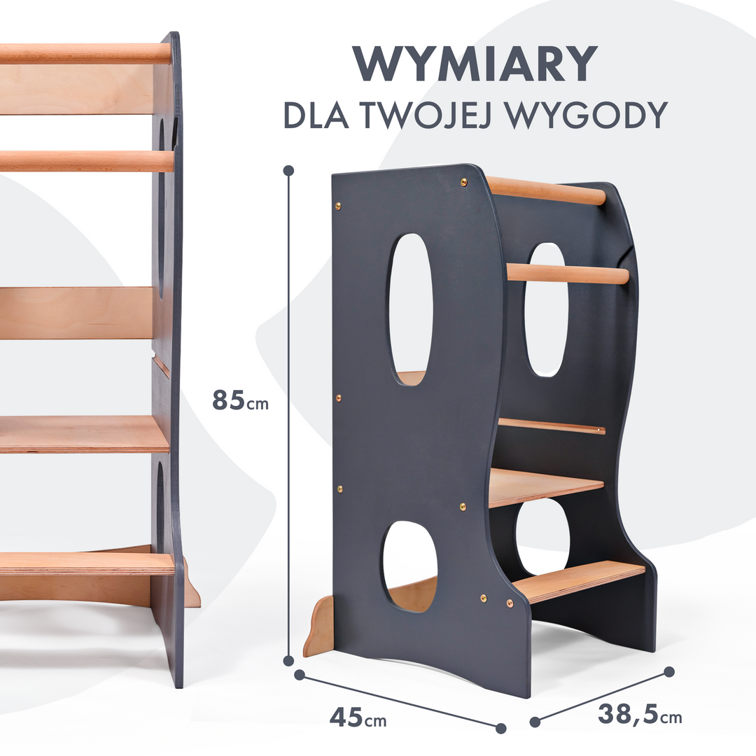 Podest kuchenny Montessori: niezbędna pomoc w kuchni. Kolor: szary