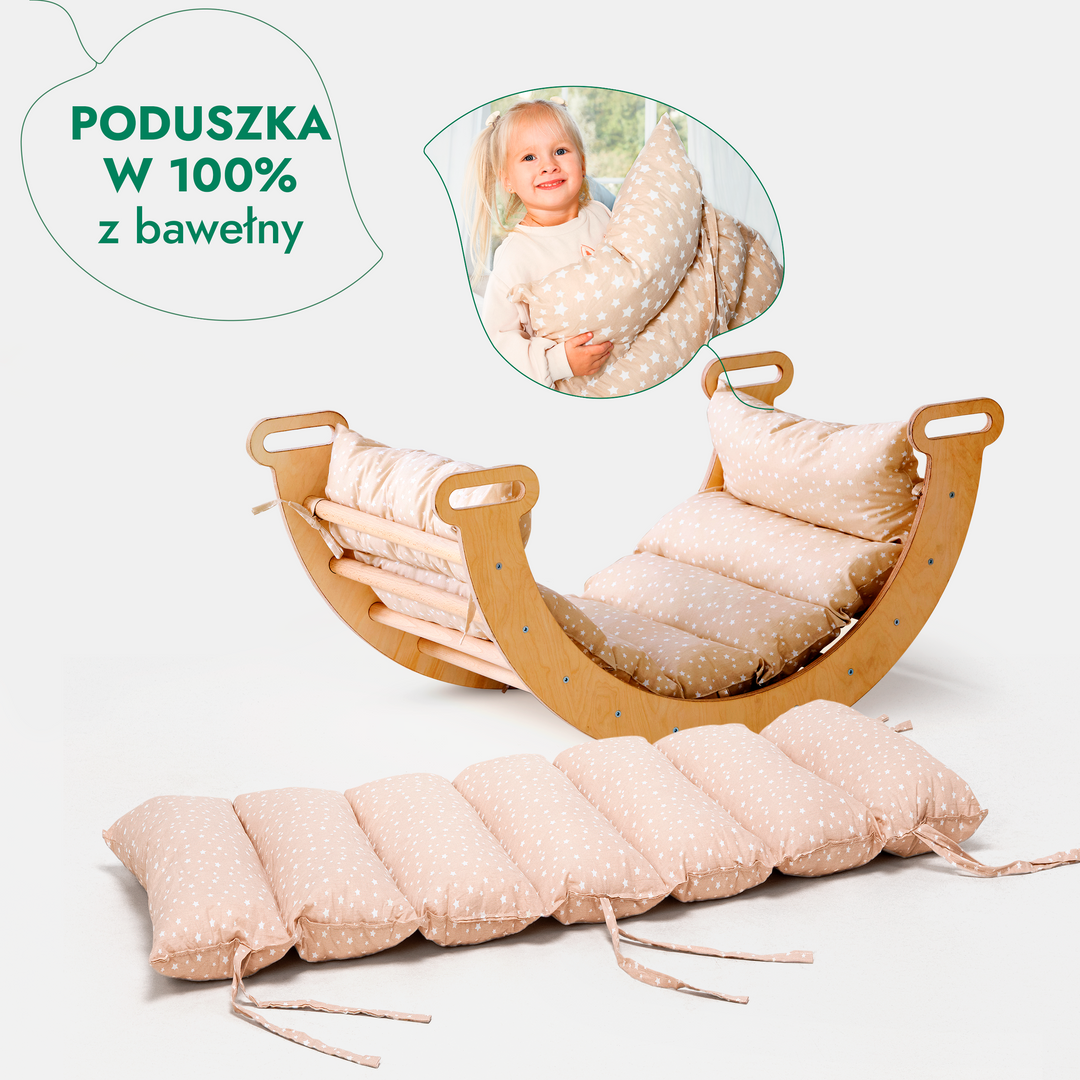 4w1 Zestaw Wspinaczkowy Montessori dla Dzieci: Drabinka Pikler + Bujak + Zjeżdżalnia + Poduszka - Beżowy