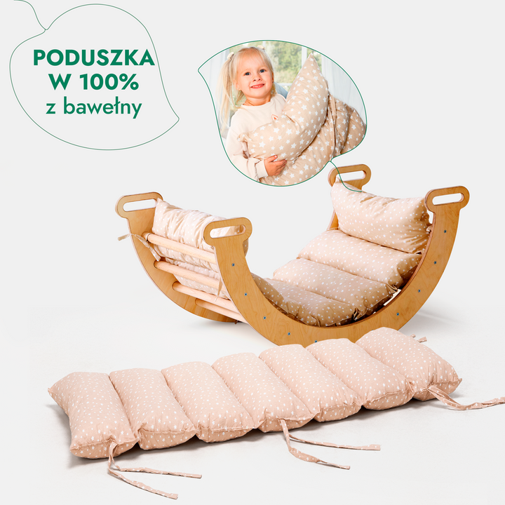 4w1 Zestaw Wspinaczkowy Montessori dla Dzieci: Drabinka Pikler + Bujak + Zjeżdżalnia + Poduszka - Beżowy