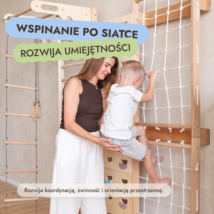 7-in-1 Ścianka wspinaczkowa dla dzieci: drabinka, chwyty, siatka, drążek i zestaw huśtawek 3w1