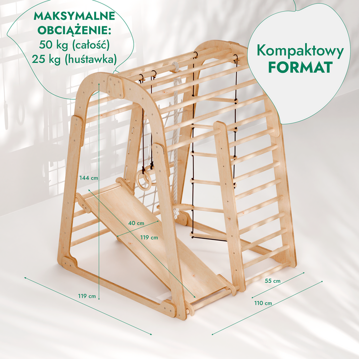 Drewniany domowy Plac Zabaw 7 w 1: Plac Zabaw + Zestaw huśtawek + Zjeżdżalnia + Przystawka do Rysowania