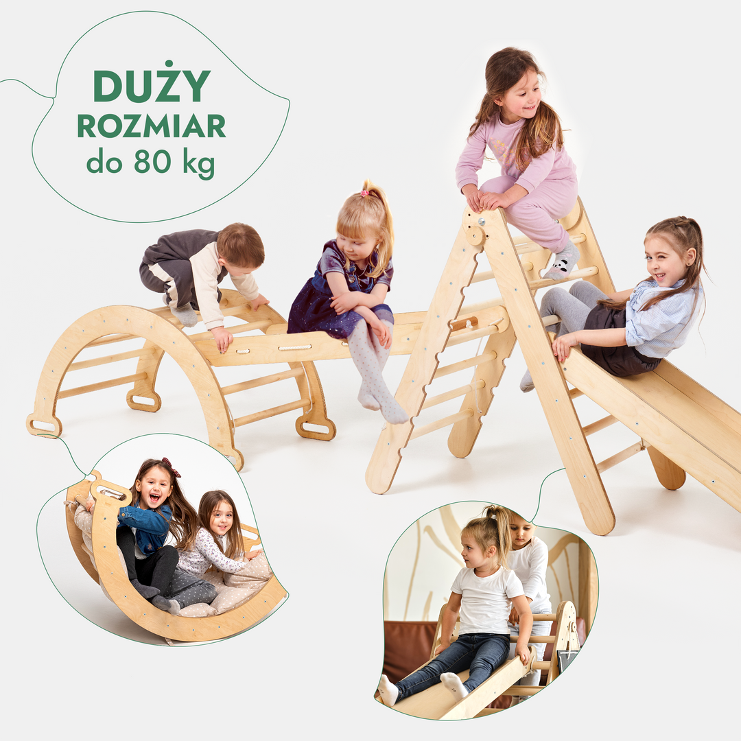 Zestaw wspinaczkowy Montessori 4 w 1: Trójkątna drabinka + łuk wspinaczkowy + zjeżdżalnia + siatka