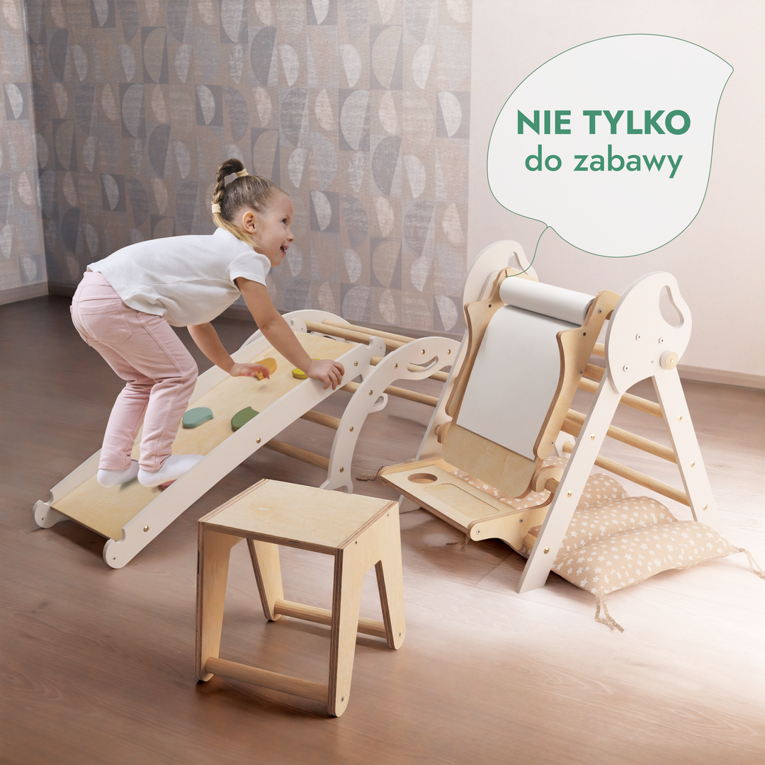 5w1 Zestaw Wspinaczkowy Montessori dla Dzieci: Drabinka Pikler + Bujak /łuk wspinaczkowy + zjeżdżalnia + poduszka + Przystawka do Rysowania (1-3 lata)