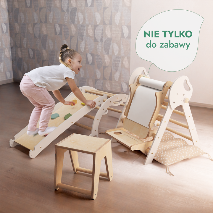 5w1 Zestaw Wspinaczkowy Montessori dla Dzieci: Drabinka Pikler + Bujak /łuk wspinaczkowy + zjeżdżalnia + poduszka + Przystawka do Rysowania (1-3 lata)
