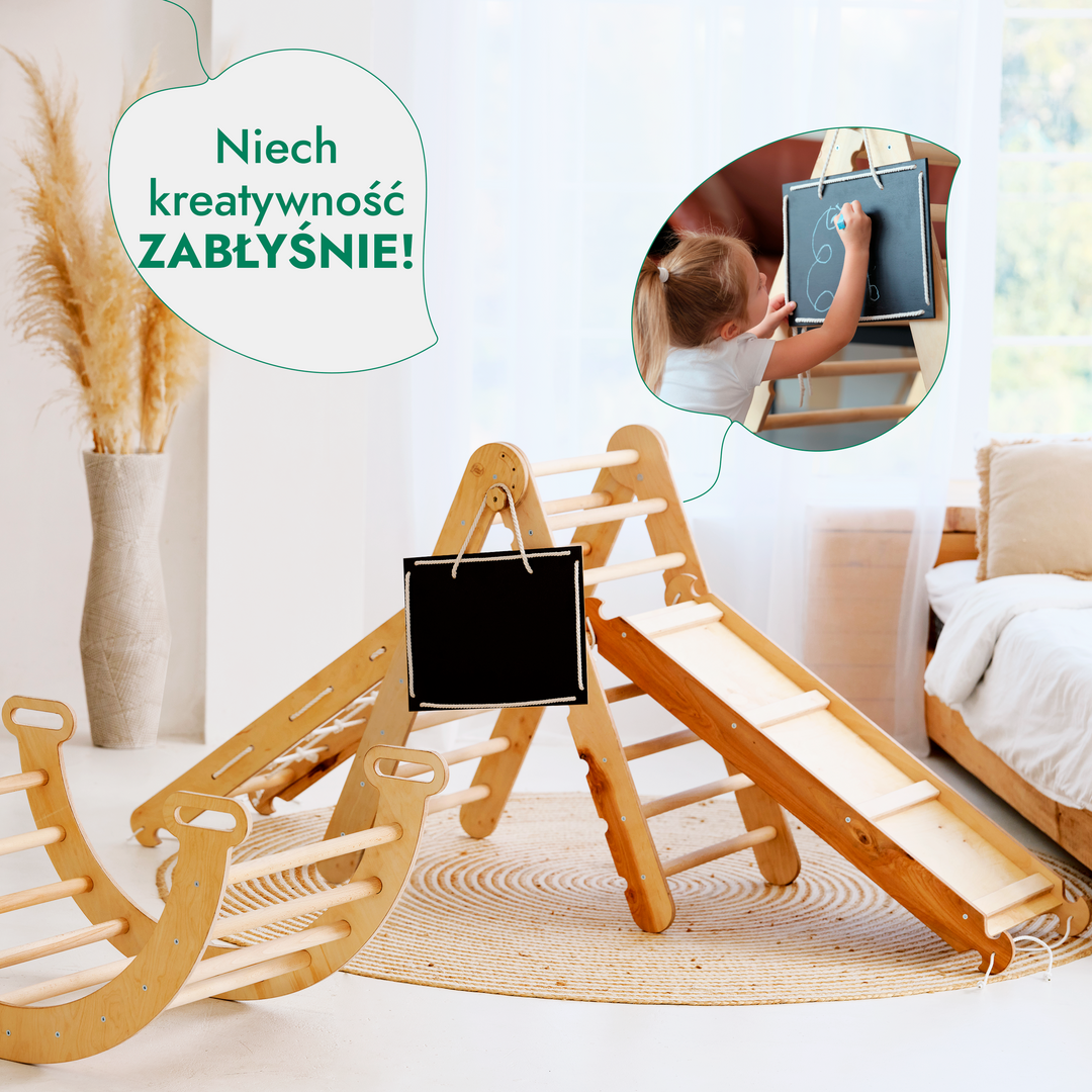 Zestaw wspinaczkowy Montessori 4 w 1: Trójkątna drabinka + łuk wspinaczkowy + zjeżdżalnia + siatka
