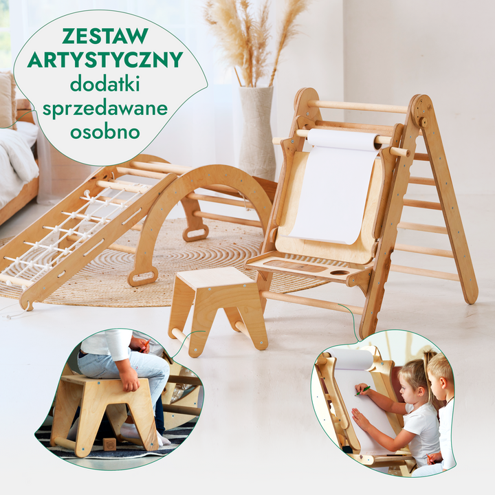 4‑w‑1 zestaw do wspinaczki Montessori: trójkąt do wspinaczki z zjeżdżalnią, łuk do wspinaczki, siatka wspinaczkowa – Używany – jak nowy