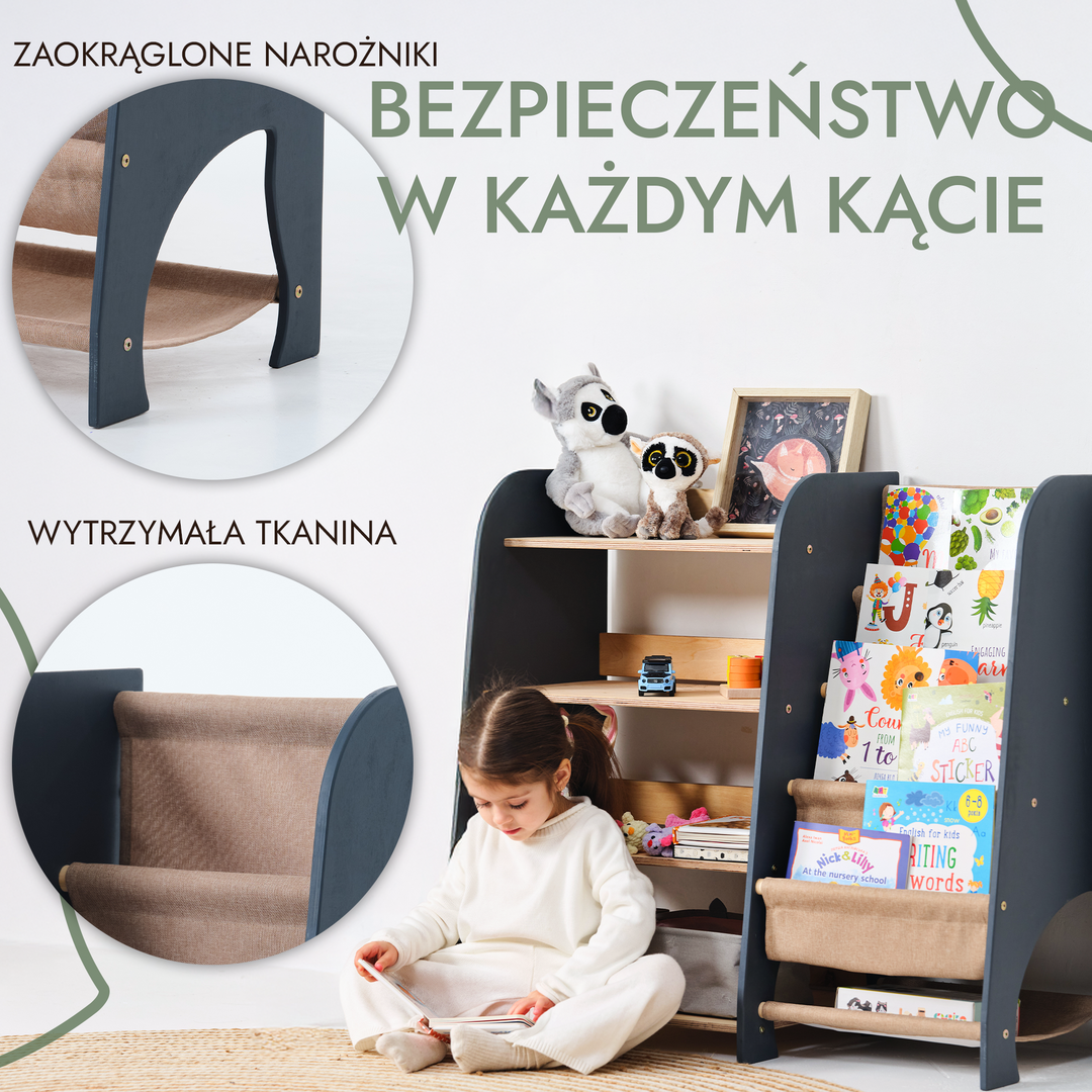 Drewniane regały Montessori 2w1: Regał na książki i zabawki