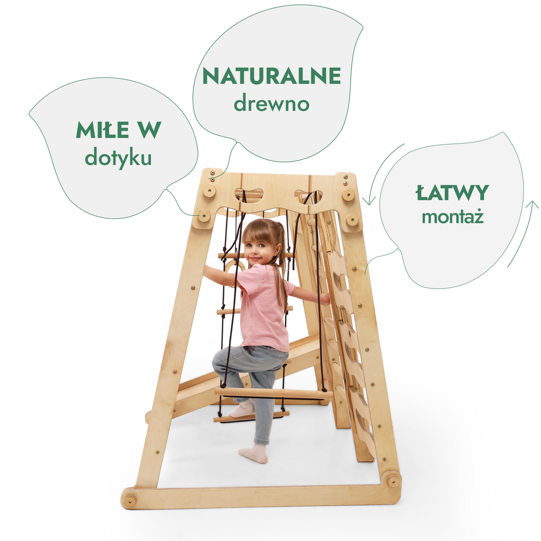 Drewniany plac zabaw dla dzieci 6w1: plac zabaw + zestaw huśtawek + zjeżdżalnia + lina + schody