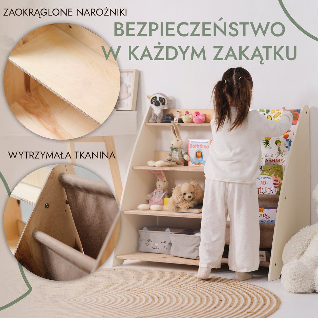 Regały Montessori na książki i zabawki dla maluchów 2w1
