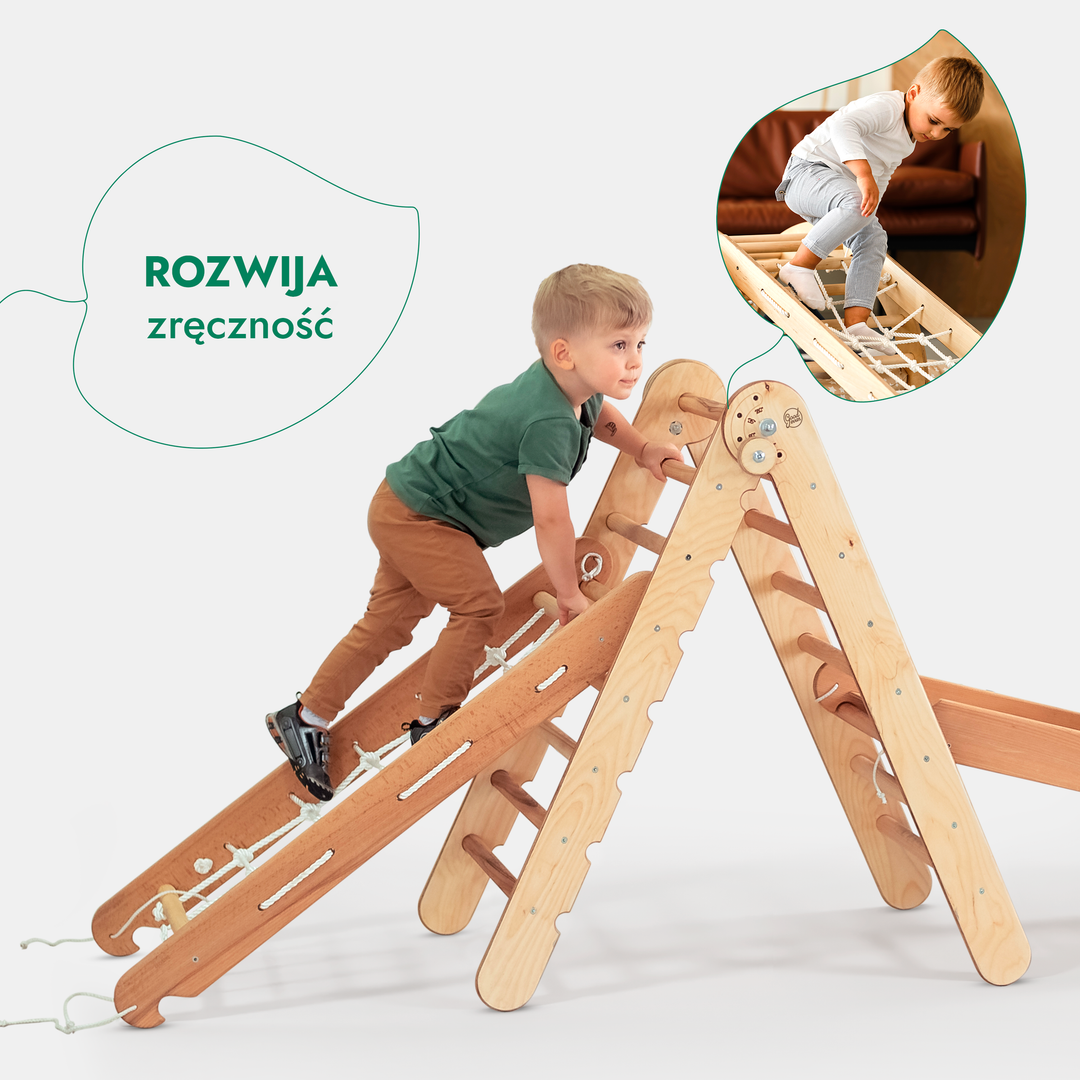 Zestaw wspinaczkowy Montessori 4 w 1: Trójkątna drabinka + łuk wspinaczkowy + zjeżdżalnia + siatka