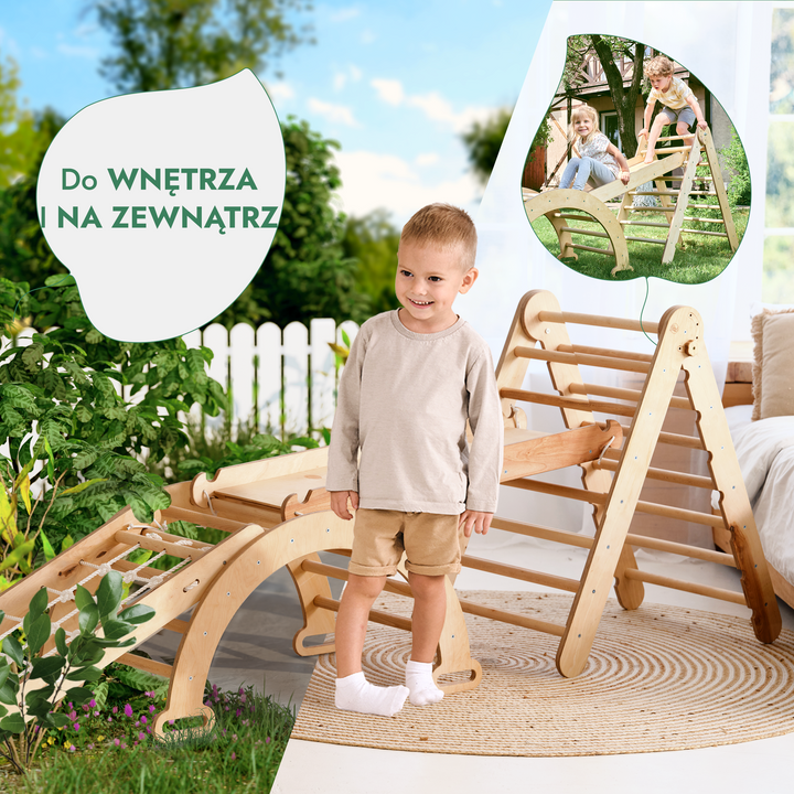 Zestaw wspinaczkowy Montessori 4 w 1: Trójkątna drabinka + łuk wspinaczkowy + zjeżdżalnia + siatka
