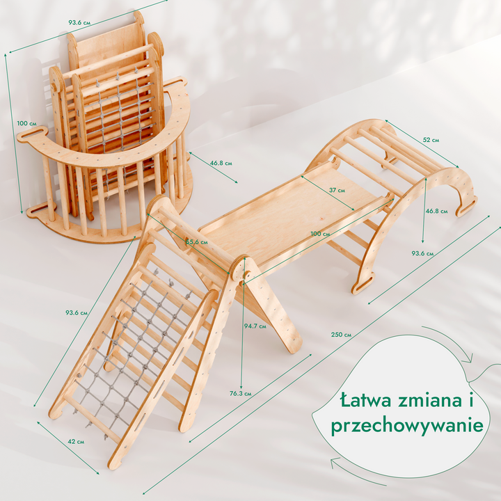 Zestaw wspinaczkowy Montessori 4 w 1: Trójkątna drabinka + łuk wspinaczkowy + zjeżdżalnia + siatka
