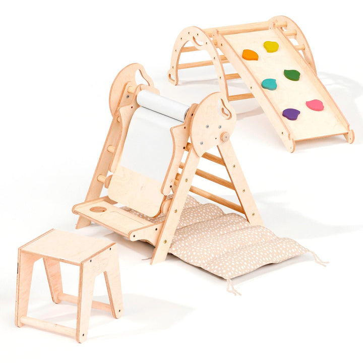 4w1 Zestaw Wspinaczkowy Montessori dla Dzieci: Drabinka Pikler + Bujak /łuk wspinaczkowy + zjeżdżalnia + poduszka (1-3 lata)