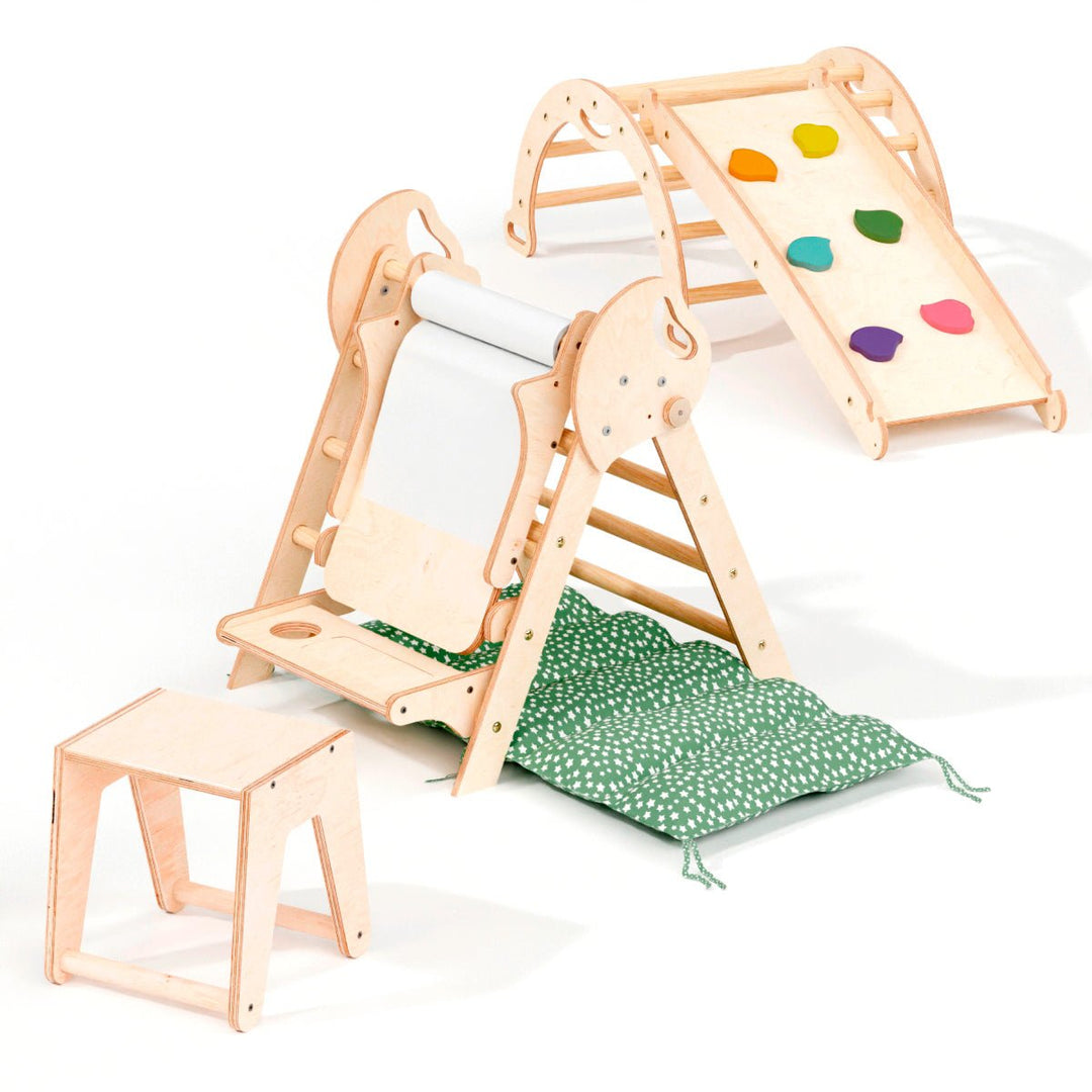 5w1 Zestaw Wspinaczkowy Montessori dla Dzieci: Drabinka Pikler + Bujak /łuk wspinaczkowy + zjeżdżalnia + poduszka + Przystawka do Rysowania (1-3 lata)
