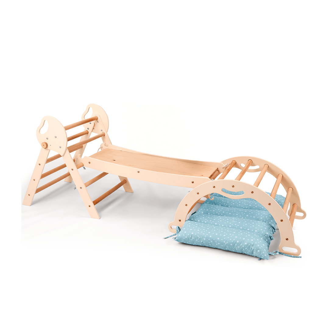 4w1 Zestaw Wspinaczkowy Montessori dla Dzieci: Drabinka Pikler + Bujak /łuk wspinaczkowy + zjeżdżalnia + poduszka (1-3 lata)