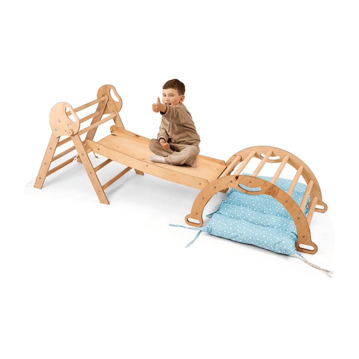 4w1 Zestaw Wspinaczkowy Montessori dla Dzieci: Drabinka Pikler + Bujak /łuk wspinaczkowy + zjeżdżalnia + poduszka (1-3 lata)