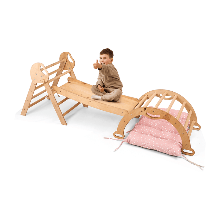 4w1 Zestaw Wspinaczkowy Montessori dla Dzieci: Drabinka Pikler + Bujak /łuk wspinaczkowy + zjeżdżalnia + poduszka (1-3 lata)