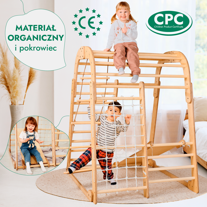 Drewniany domowy Plac Zabaw 6 w 1: - Plac zabaw + Zestaw huśtawek + Zjeżdżalnia