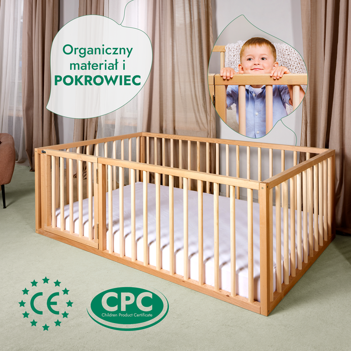 Niskie łóżeczko podłogowe Montessori z ogrodzeniem dla maluchów