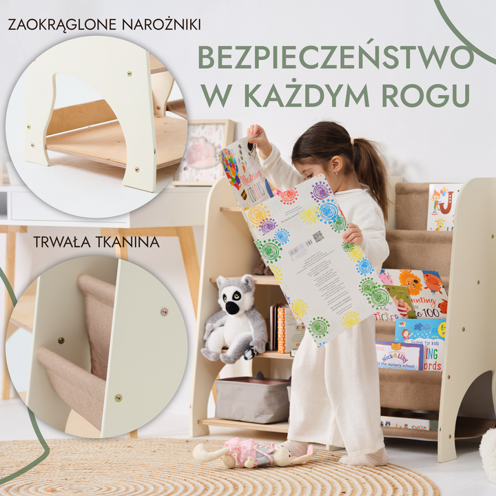 Drewniane regały Montessori 2w1: Regał na książki i zabawki